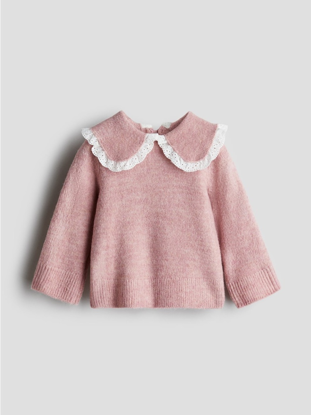 Soft Pink Knit Sweater with White Eyelet Peter Pan Collar